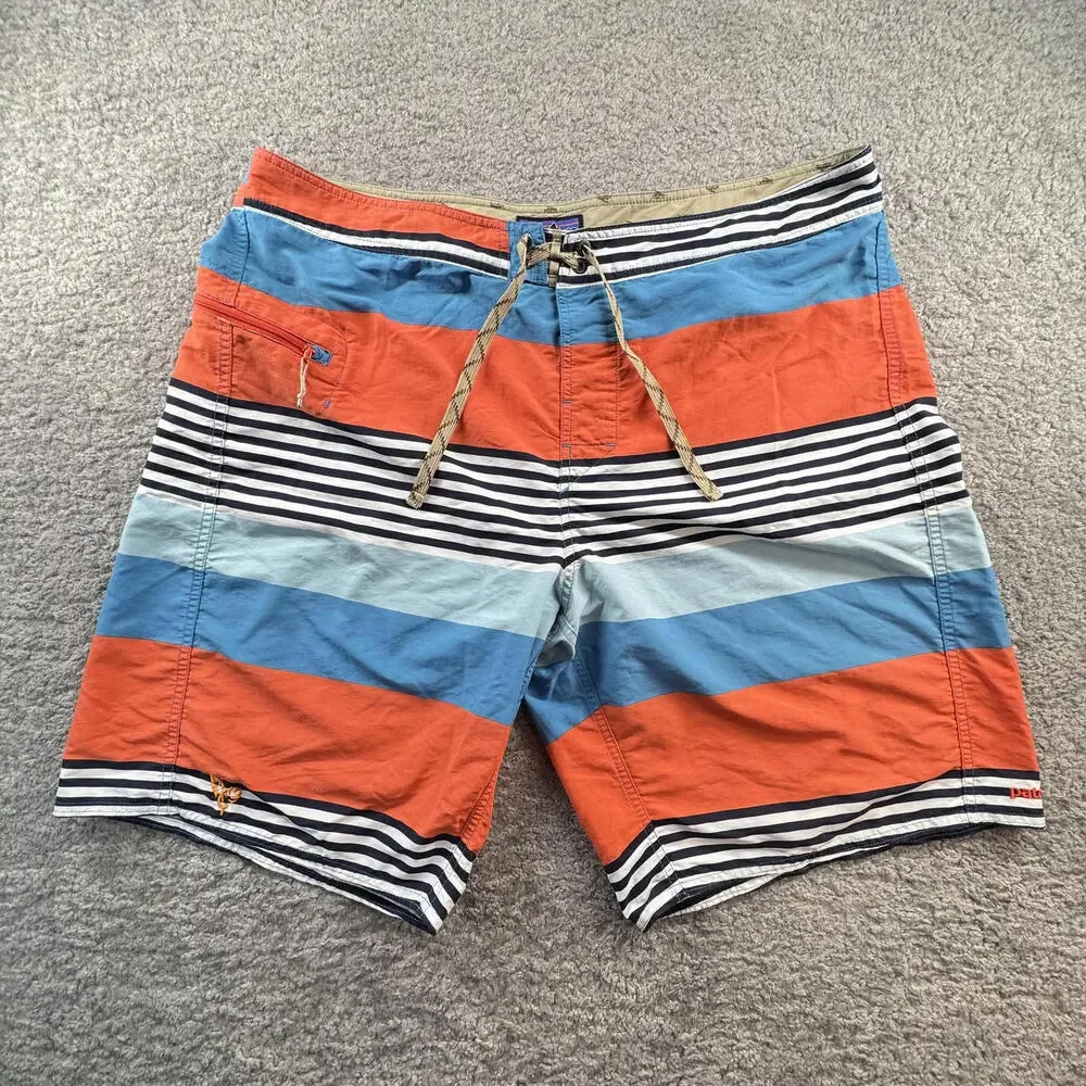 Patagonia Nylon Board Shorts Wavefarer Colorblock Size 40 Orange Blue‎ Striped